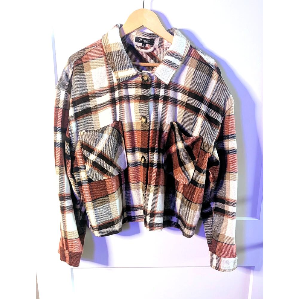 Plaid Flannel Shacket Brown Beige Rust XL Soft Stretchy Cropped - Picture 2 of 5